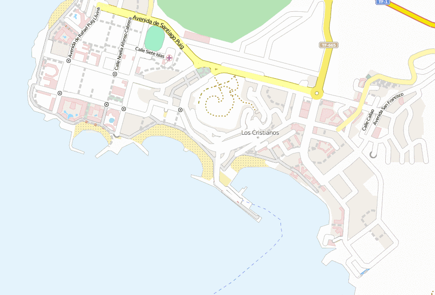 Playa de las Américas-Stadtplan mit Luftansicht und Unterkünften von